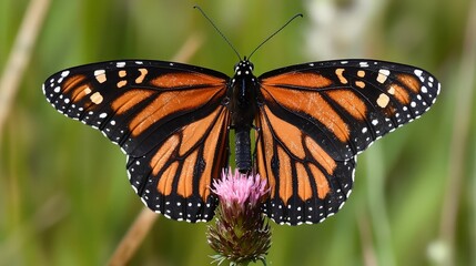 Fototapeta premium Monarch butterfly perched on thistle flower in meadow; nature close-up, ideal for nature-themed publications