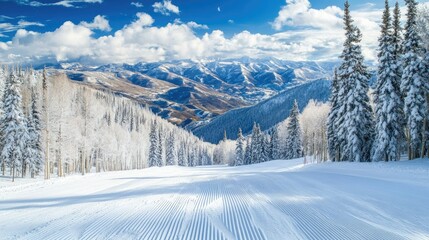 Obraz premium A scenic view of untouched ski trails in a breathtaking snow-covered mountain valley, perfect for winter travel themes.