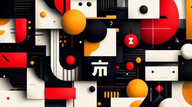 Abstract geometric composition featuring spheres squares and the character kyo