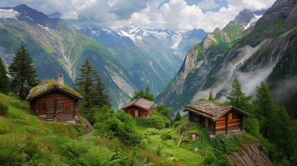 the view of the house is decorated with mountains and grass