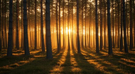 Obraz premium Sunlight streaming through trees creates a serene forest ambiance.