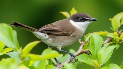 Obraz premium Small bird perched on branch, vibrant green foliage background, wildlife nature image