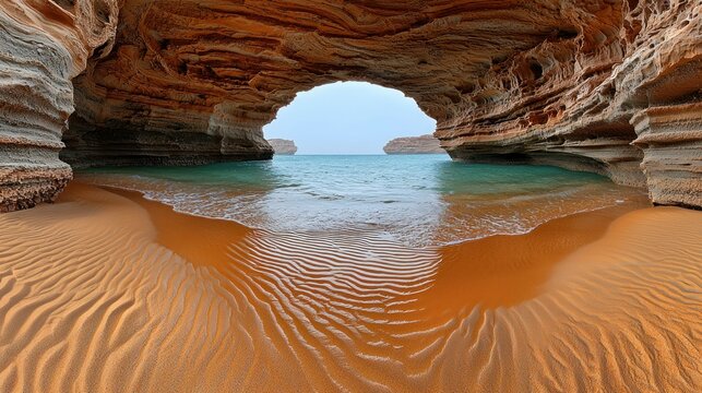 Beach under a cave arch at the sea with horizon background for travel posters