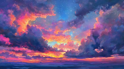 A spectacular twilight sky bursting with colorful clouds and shimmering stars, blending the magic of day and night.