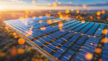 Solar panel field shines brightly during sunset showcasing renewable energy potential in an expansive landscape