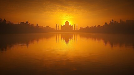Naklejka premium Taj Mahal sunrise reflection, misty river, India