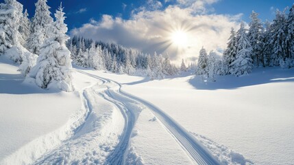 Fototapeta premium A stunning winter scene with ski tracks weaving through a snow-covered mountain, inviting exploration.