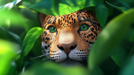 Naklejka premium Jaguar Hiding Among Leaves in Lush Tropical Jungle Environment