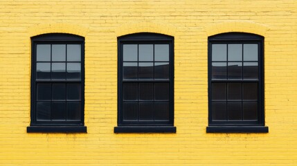 Fototapeta premium A stylish urban design featuring three large black windows against a bright yellow brick wall in perfect symmetry.