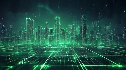 A futuristic cityscape illuminated with glowing green data lines