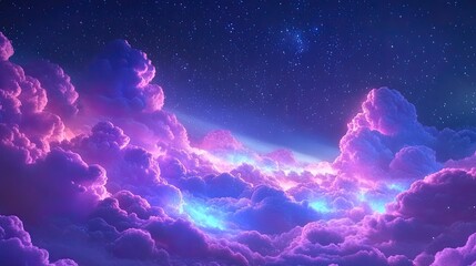 A surreal fantasy night sky with celestial clouds in shades of purple, blue, and pink, glowing under a sea of stars.