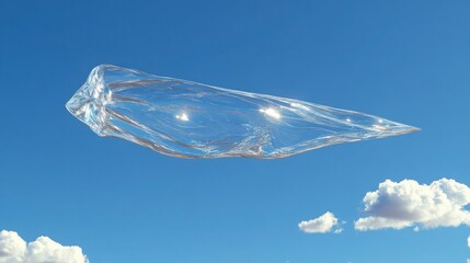 Transparent floating object in bright blue sky with clouds