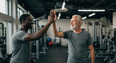 Two men sharing a high five in a gym environment.