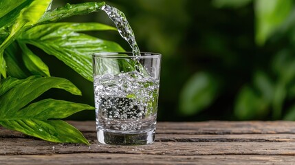 Pouring water into glass, outdoors, nature background, healthy hydration