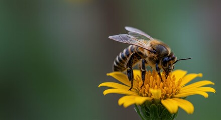 Bee collects nectar from vibrant yellow flower petals.