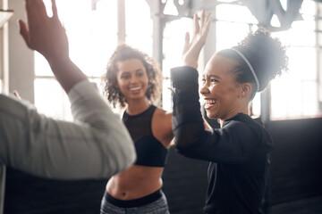 High five, happy and women in gym for fitness, training and workout target, teamwork and goals. Sports, morning and friends celebrate with gesture for exercise, health and performance in class