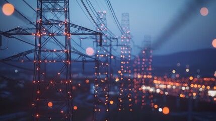 Glowing power grid nodes with a data center backdrop, symbolizing sustainable energy innovation.
