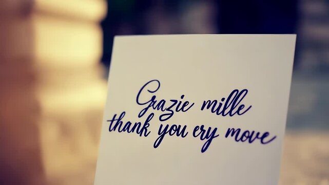Close-up of a sign saying "Grazie mille thank you very much" in elegant cursive script.