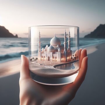 mosque in glass with beach background