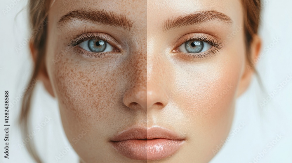 Fototapete Contrast of aging and youth on a womans face with visible wrinkles and smooth skin separated in a split screen design. Generative AI