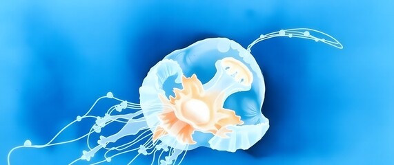 Obraz premium A watercolor painting of a translucent jellyfish, floating in deep ocean blue, showcasing the delicate texture and ethereal glow. The color palette is cool toned, with hints.