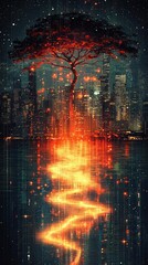glitch,  Silhouette of a tree in front of a city skyline at dusk. , isolated on white background,  , copy space, copy space for text,