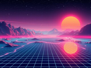 Futuristic retro 80s sci-fi landscape with neon lights, low poly terrain grid, vintage vaporwave style mountains, sun, and stars,  white background,  mountains,  stars