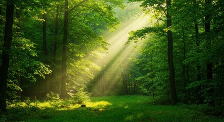 Fototapeta premium Sunlight filters through trees in a serene forest scene.