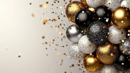 hyper realistic photo of    A black and white cake with gold and silver balloons and confetti on top is the optimized text