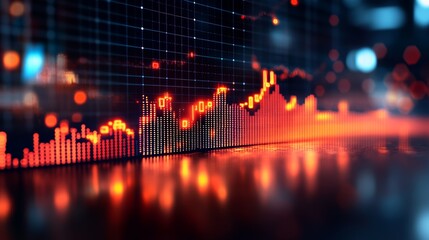Glowing red stock market graph rising on a dark reflective surface.