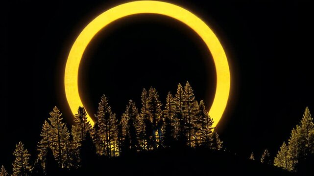 Fiery ring encircles silhouetted pine trees at night.