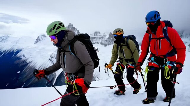Mountain climbers roped together, wearing safety gear, traversing snowy ridge with towering peaks surrounding rocky alpine landscape