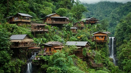 Obraz premium Jungle Village Waterfall Homes