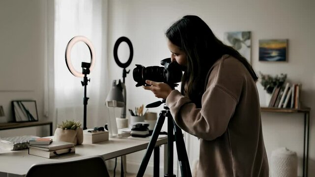 Professional female content creator adjusting camera settings, preparing recording gear inside sleek home studio setup