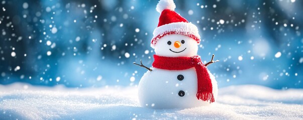 Snowman wearing christmas hat and scarf enjoying snowfall