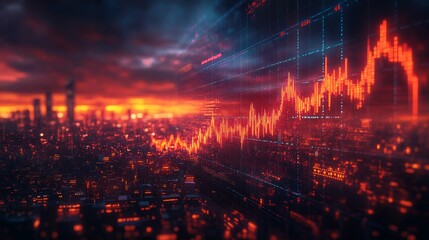 Cityscape at sunset with overlayed declining stock market graph.