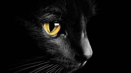Intimate Portrait of a Black Cat with Piercing Yellow Eyes Shining in the Darkness of Night