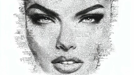 Obraz premium Intricate Newspaper Portrait of a Woman with Intense Gaze Artistic Collage Face Study