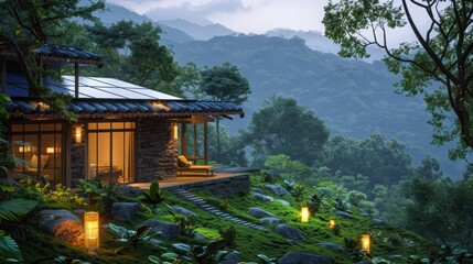 Cozy Modern Cabin on Mountainside Surrounded by Lush Greenery