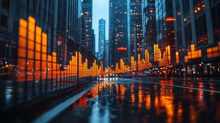 City street at night with illuminated orange bars reflecting in wet pavement.