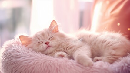 cute cartoon peacefully napping on a fluffy cushion with soft lighting
