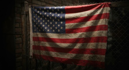 Worn American flag prominently displayed on rustic backdrop.