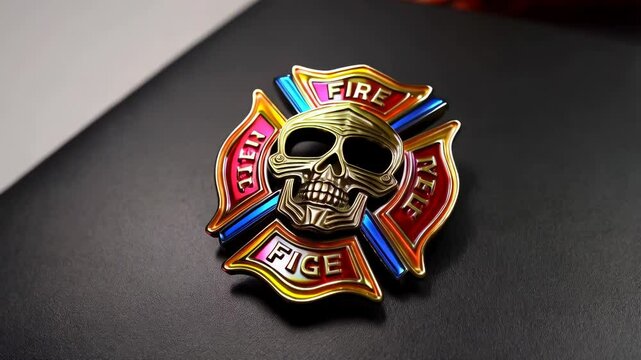 Metallic firefighter skull emblem on dark background.