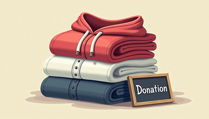 Colorful folded clothes with Donation sign, for websites, presentations, and blogs focusing on charity, volunteerism, and community support initiatives.