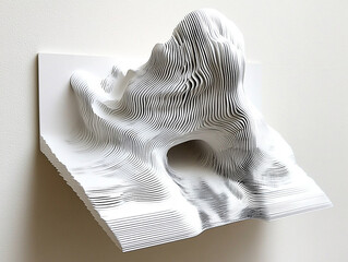Abstract sculpture featuring layered white lines creating a three-dimensional face against a wall