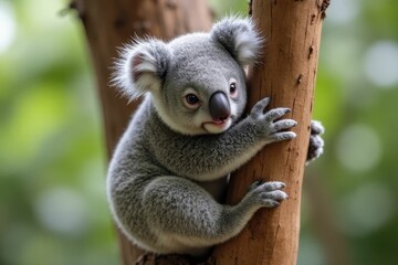Naklejka premium Adorable Young Koala Climbing a Tree in Natural Habitat Surrounded by Lush Green Foliage and Soft Afternoon Light