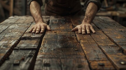 Hands on Rustic Wooden Table in Workshop Setting with Tools