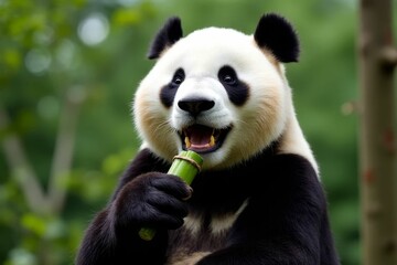 Obraz premium Playful panda enjoying a tasty bamboo snack surrounded by lush greenery in a serene natural environment