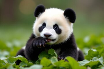 Obraz premium Adorable baby panda chewing on green leaves in a natural habitat, showcasing its playful and curious nature
