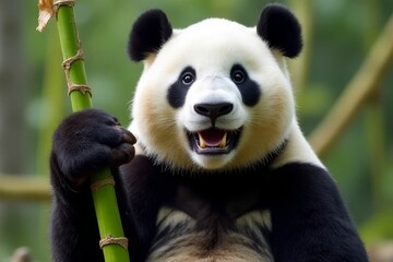 Obraz premium Playful panda bear holding bamboo stalk in a lush green environment with bright eyes and an inviting smile